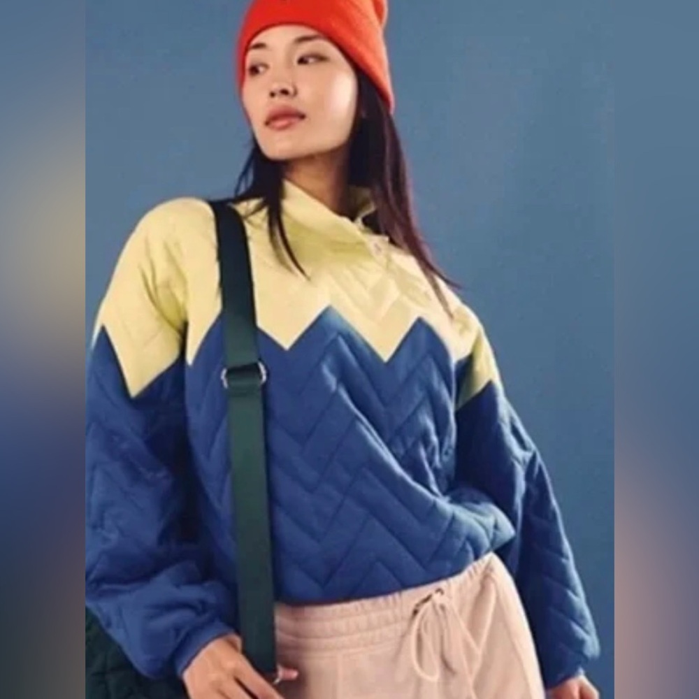Free People Zig Zag Winter Pullover Blue & Yellow‎ NWOT Women’s Sz L